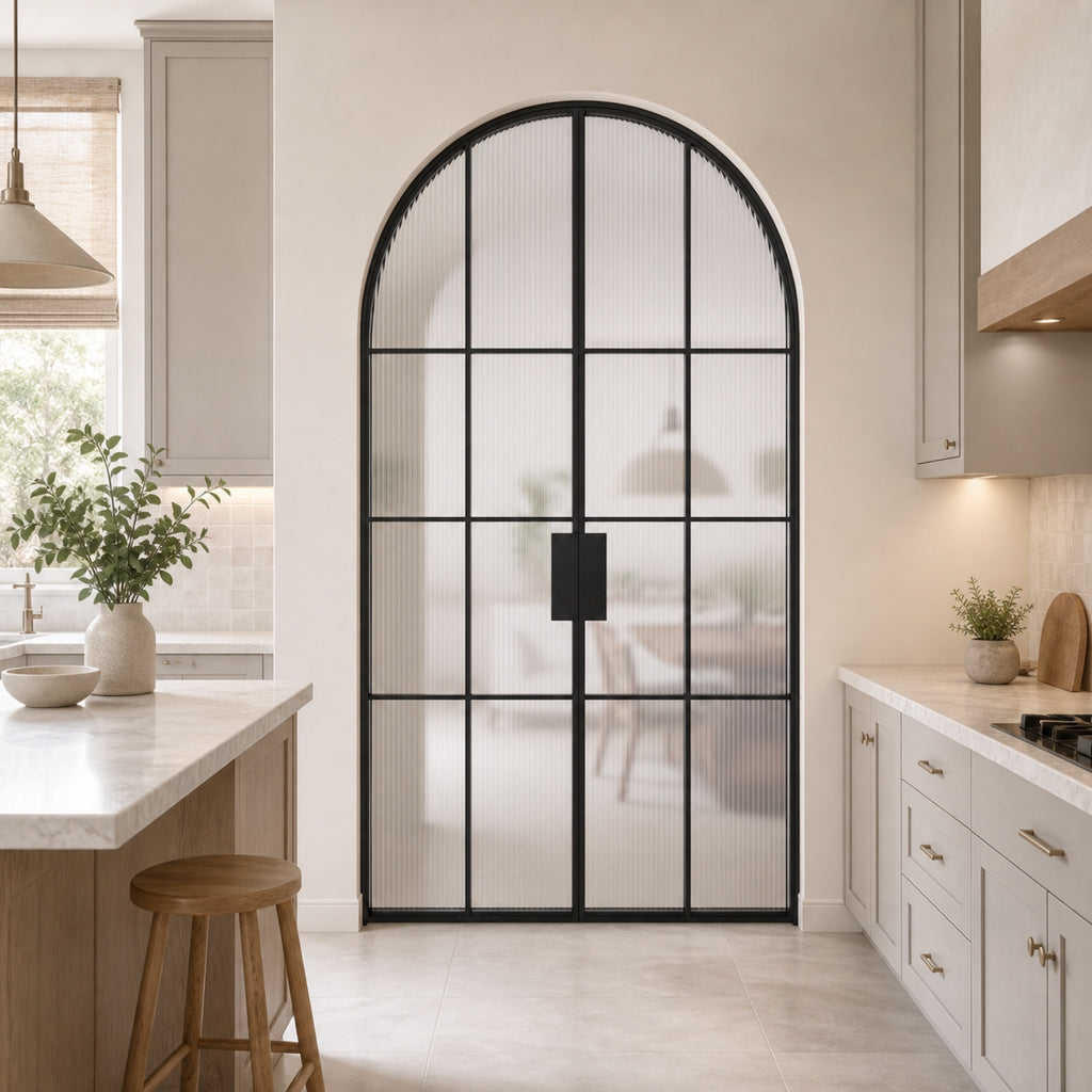 Black Arched Reeded Glass Double Door