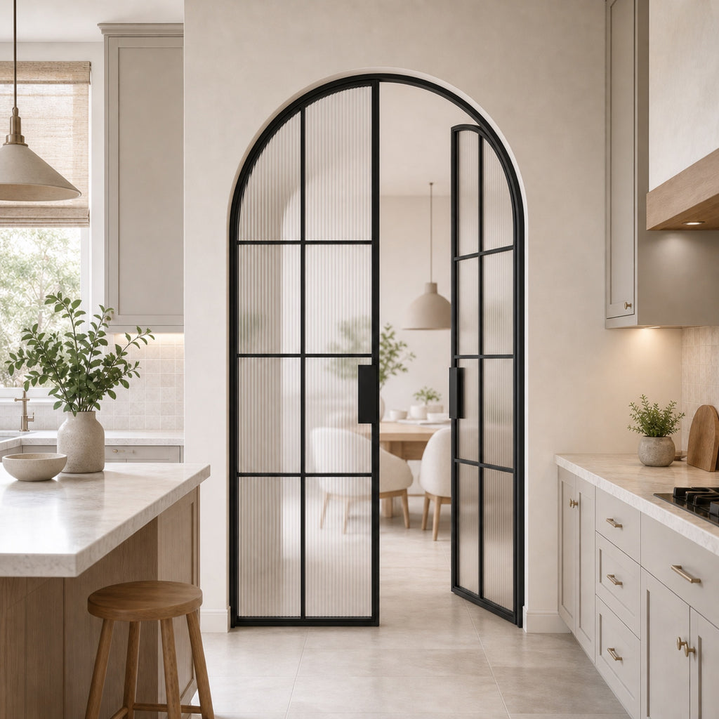 Black Arched Reeded Glass Double Door