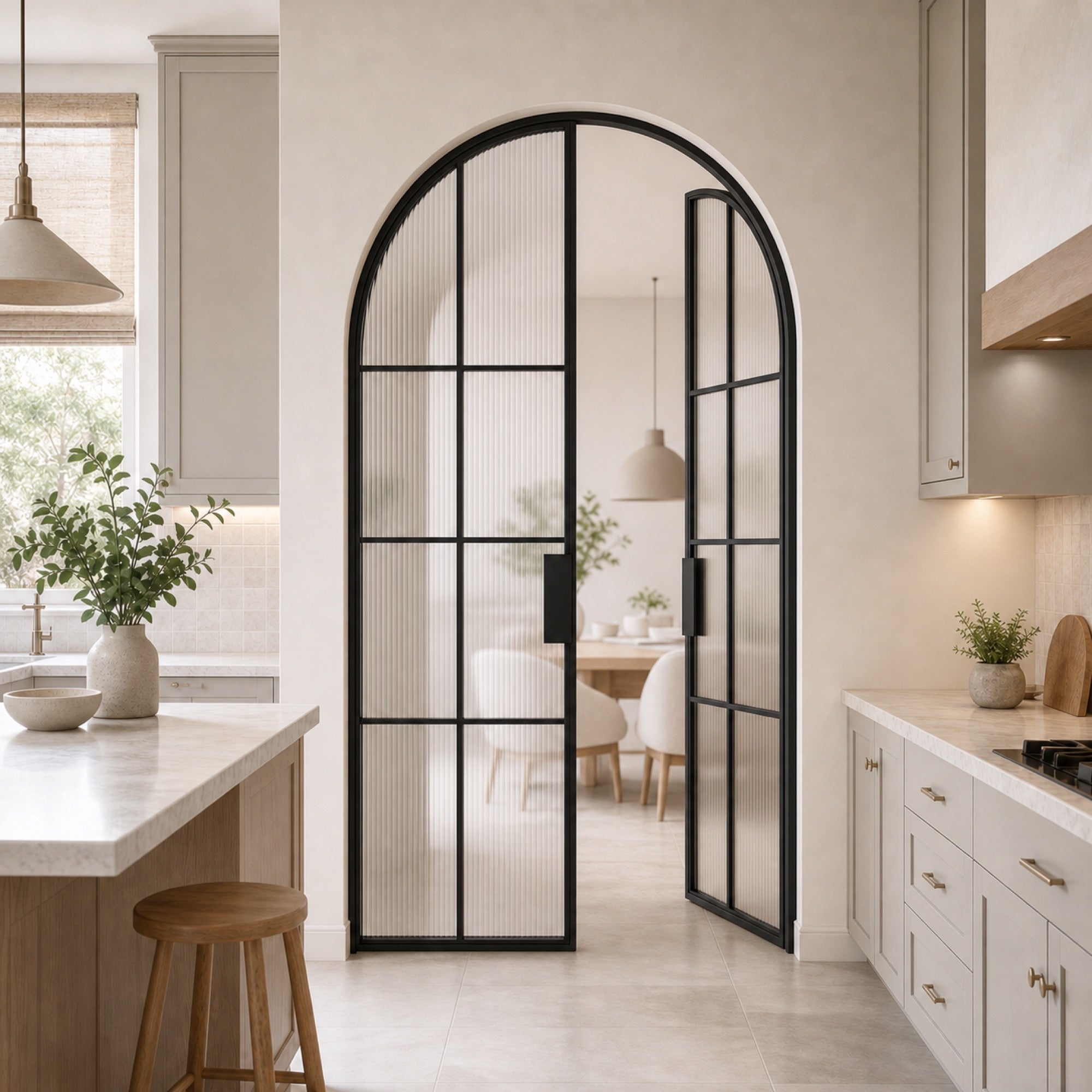 Black Arched Reeded Glass Double Door