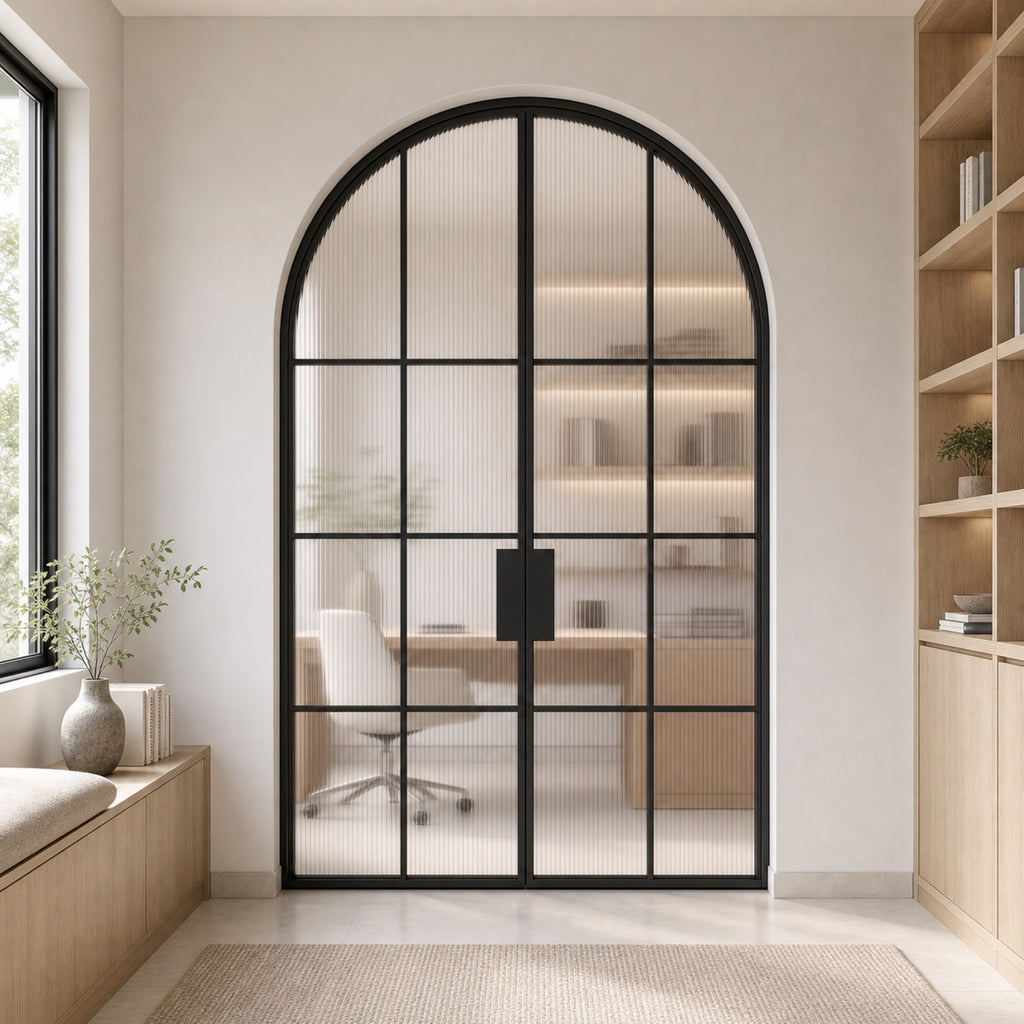 Black Arched Reeded Glass Double Door