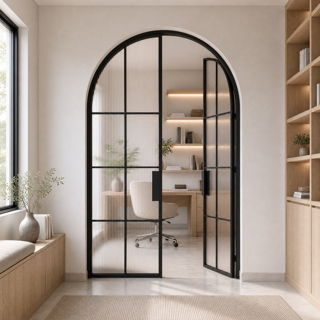 Black Arched Reeded Glass Double Door