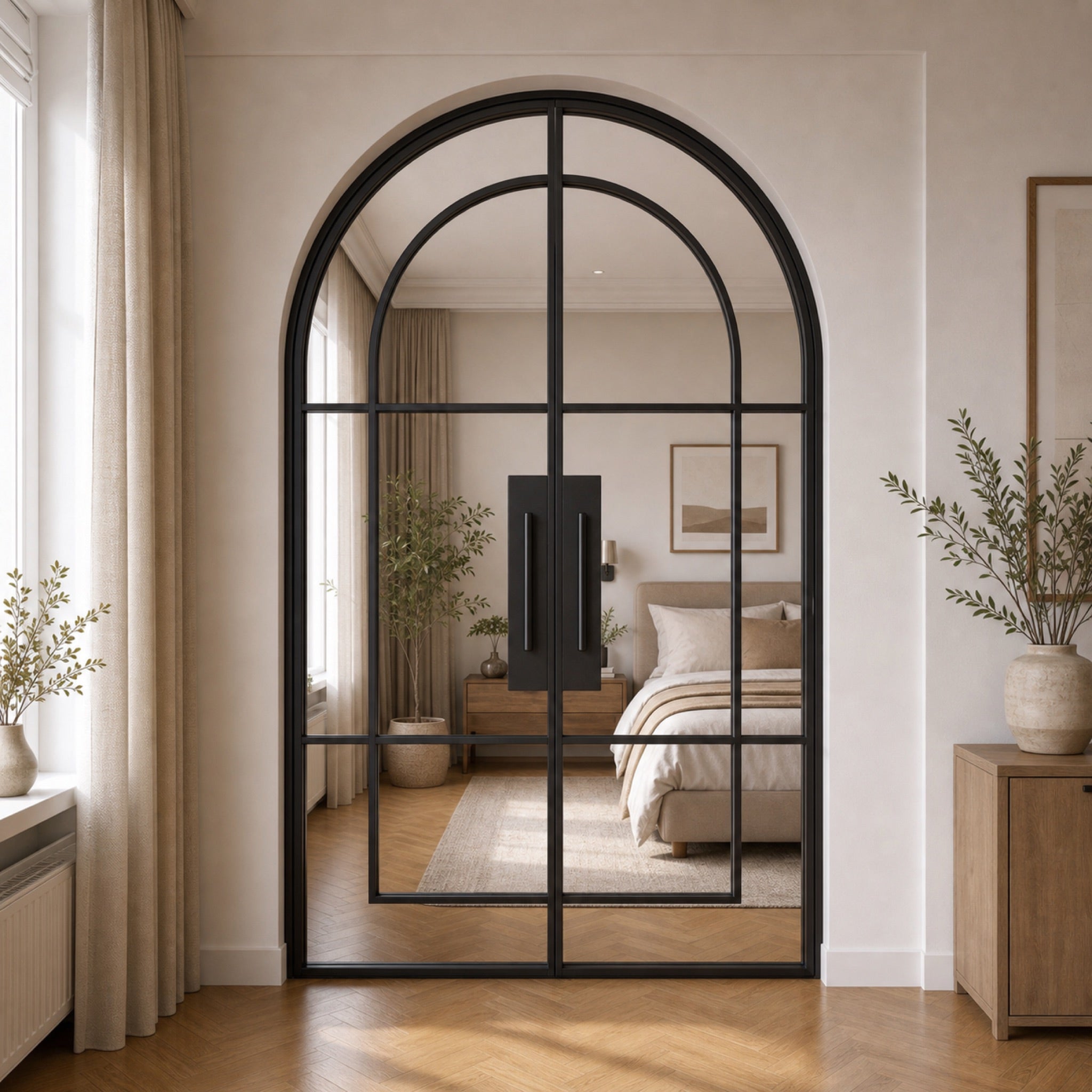Arched Grid Glass Double Door | Black or White Frame