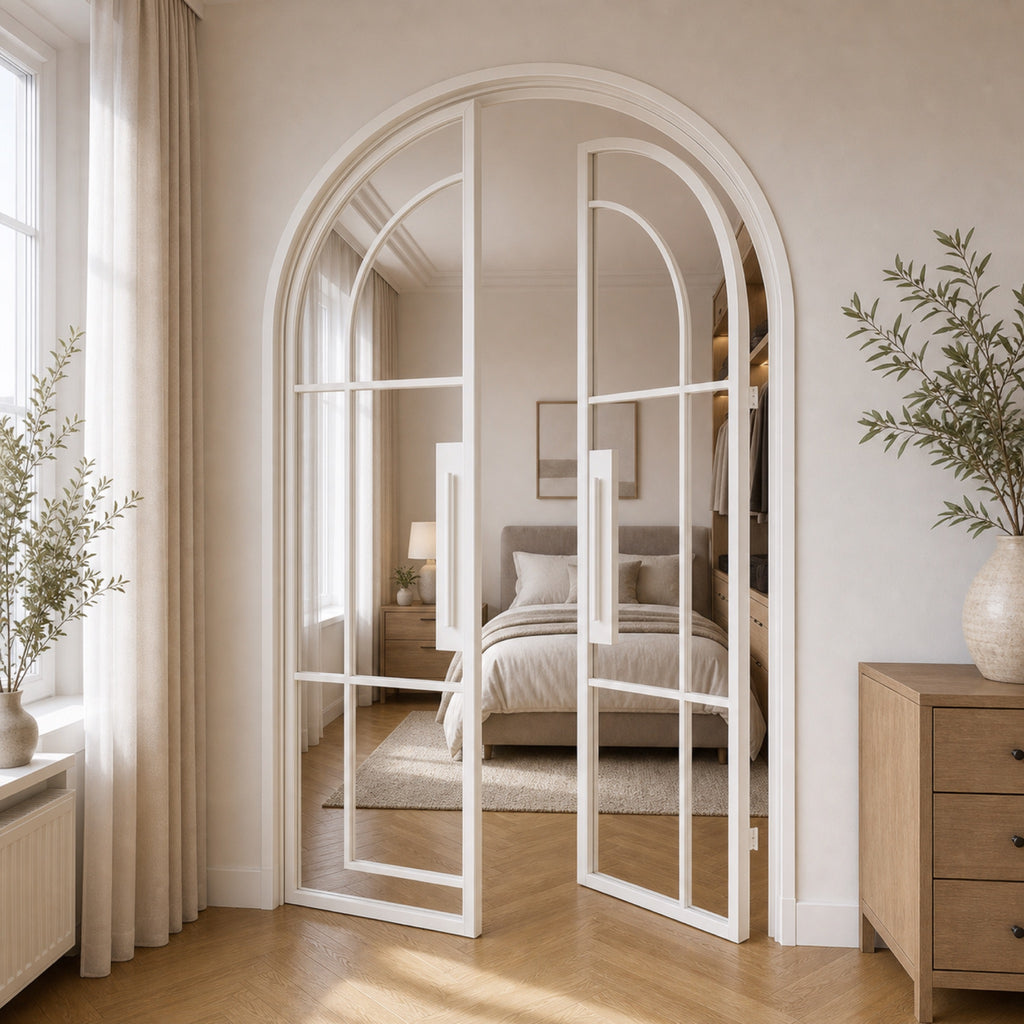 Arched Grid Glass Double Door | Black or White Frame