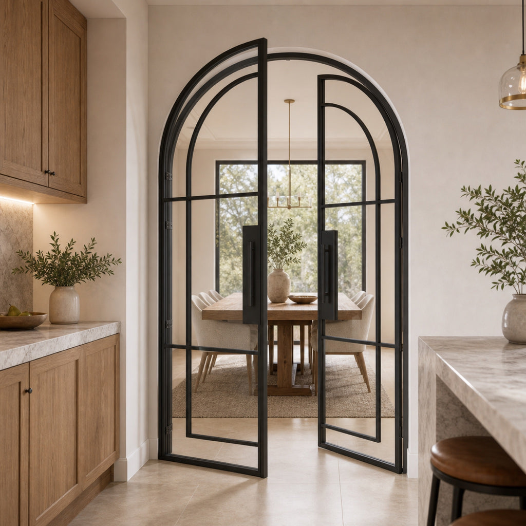 Arched Grid Glass Double Door | Black or White Frame