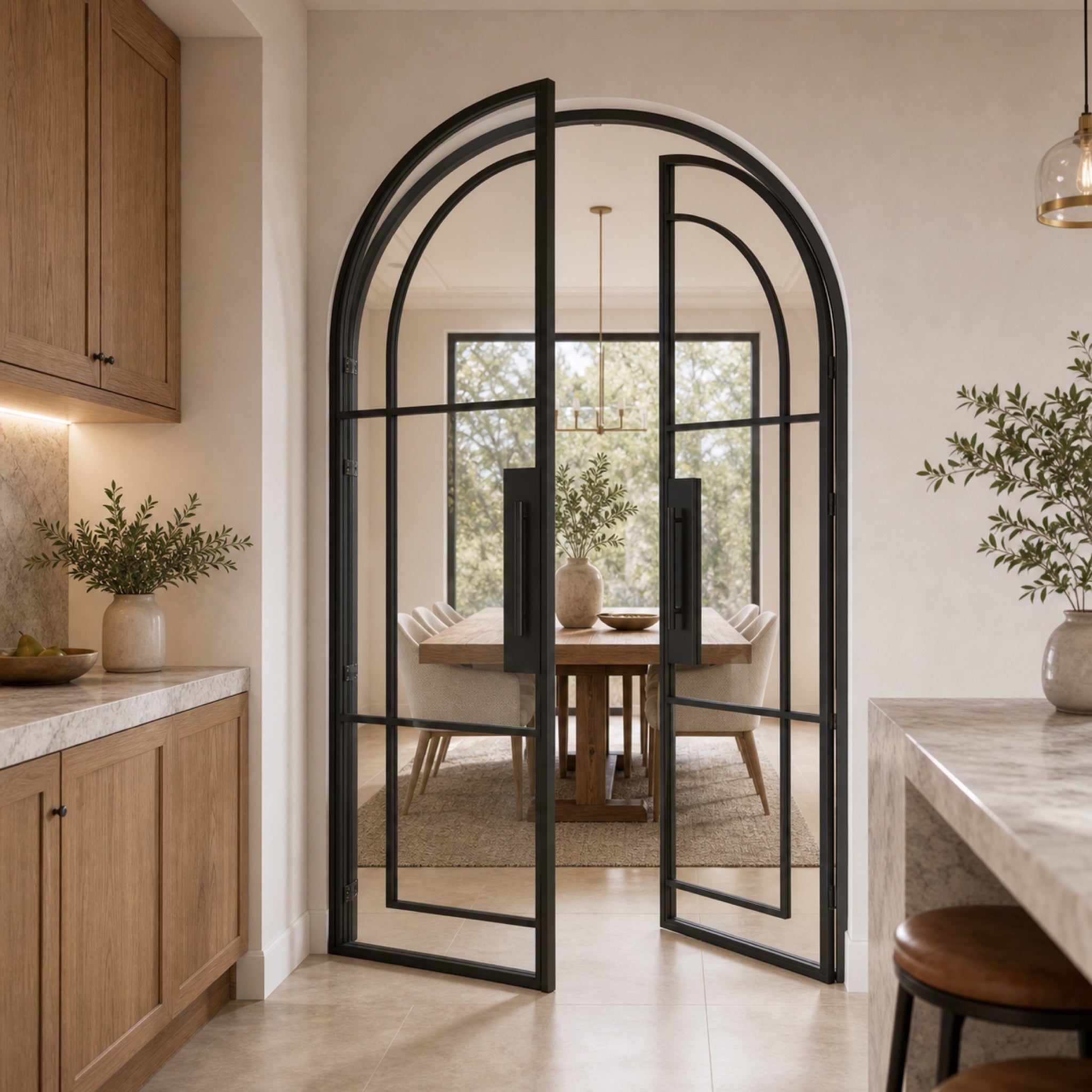 Arched Grid Glass Double Door | Black or White Frame