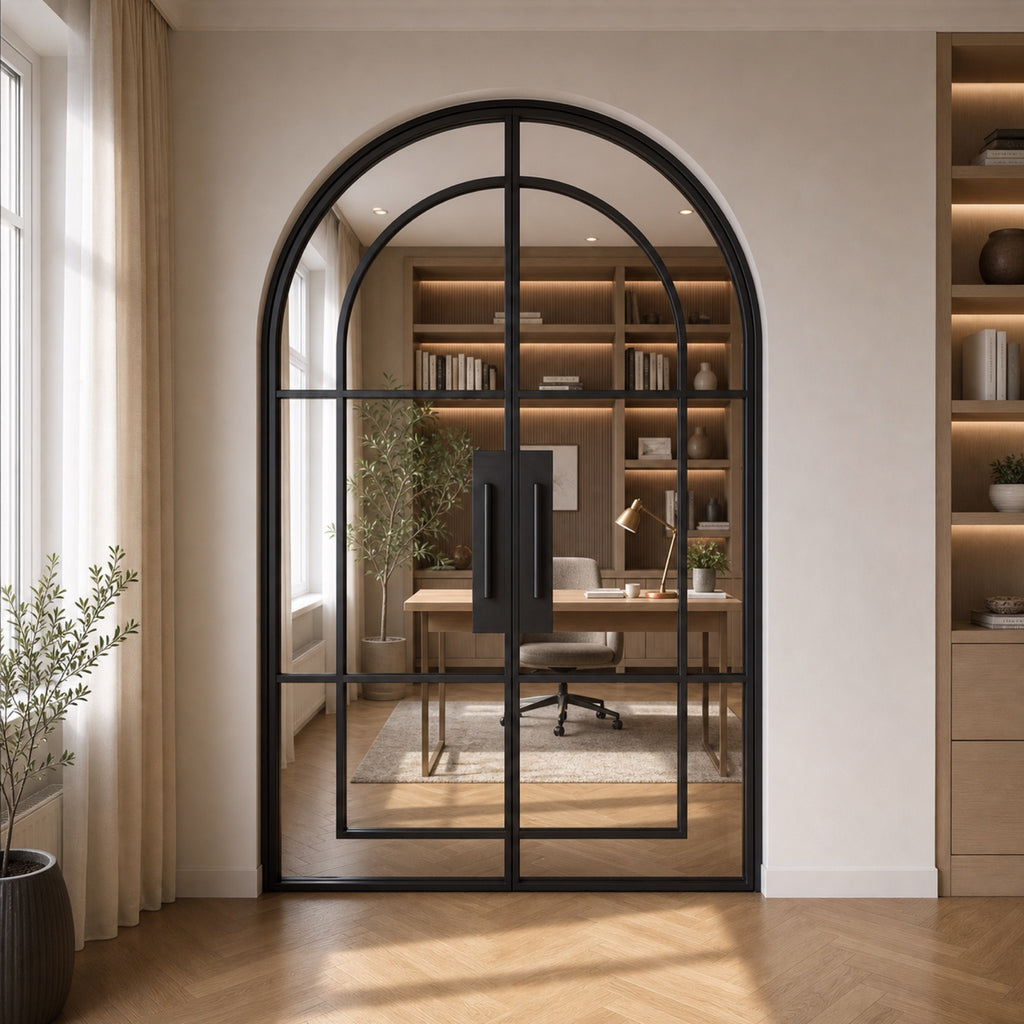 Arched Grid Glass Double Door | Black or White Frame