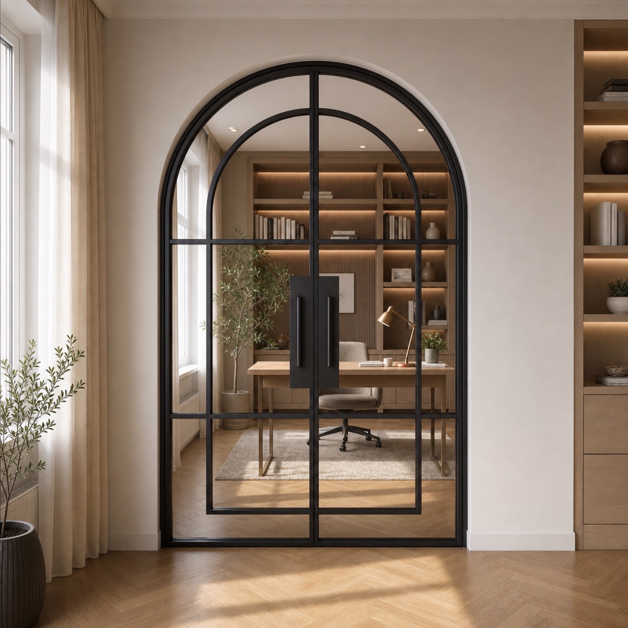 Arched Grid Glass Double Door | Black or White Frame