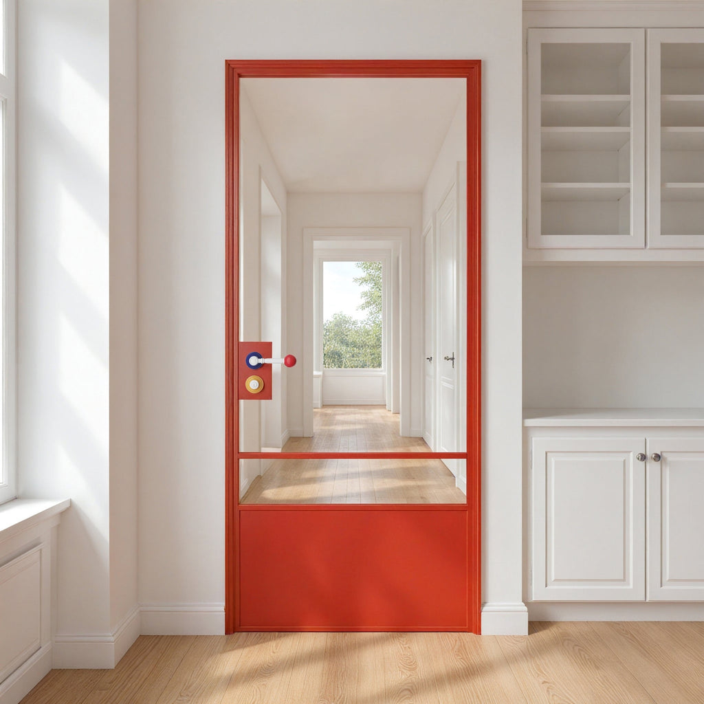 Red Minimalist Clear Glass Door with Color-Block Handle