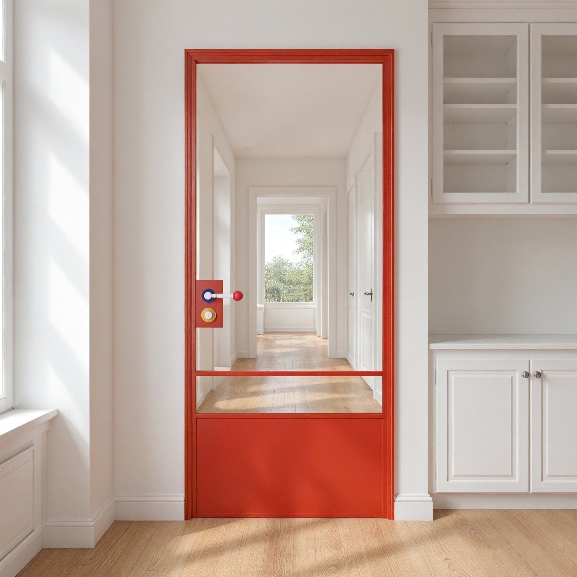 Red Minimalist Clear Glass Door with Color-Block Handle