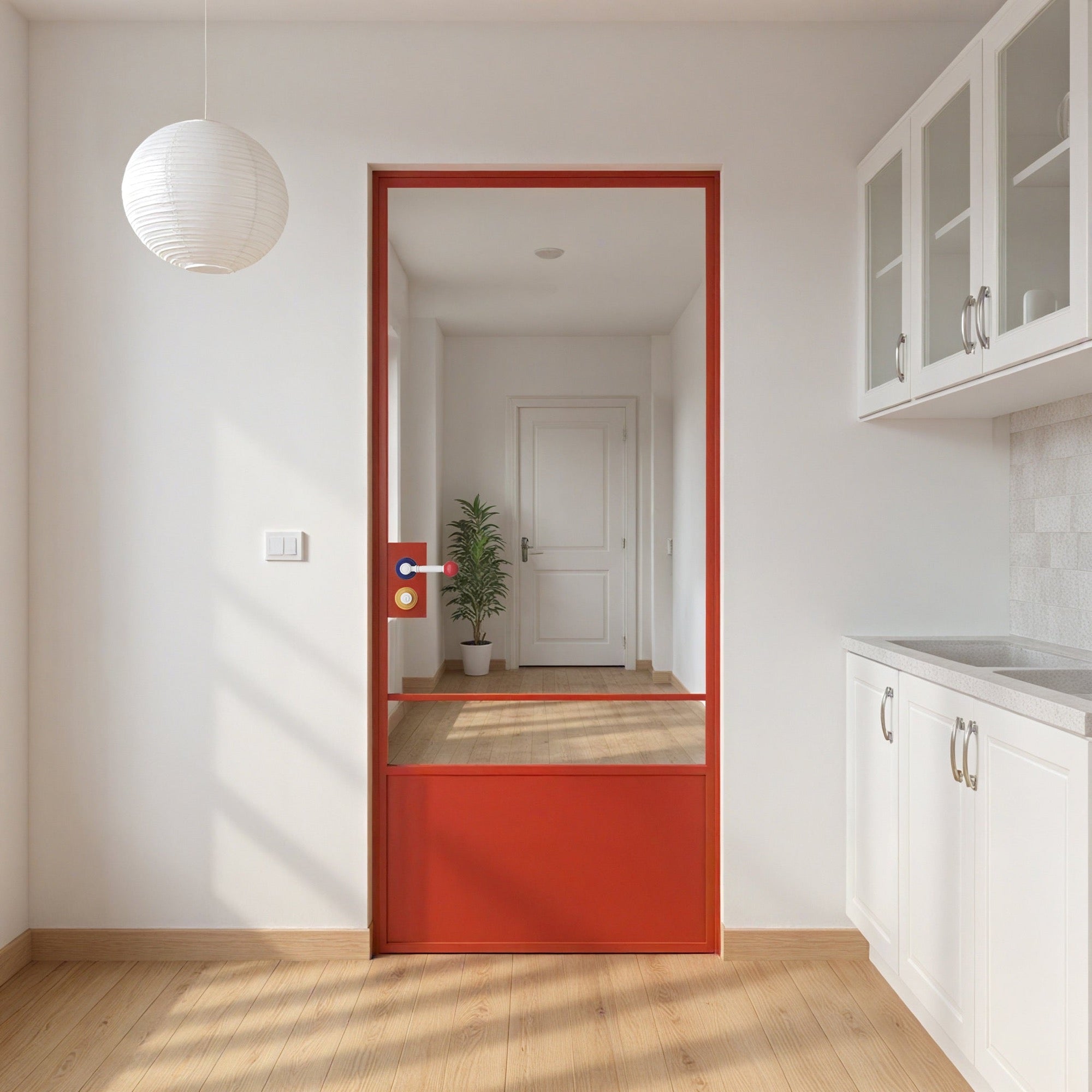 Red Minimalist Clear Glass Door with Color-Block Handle