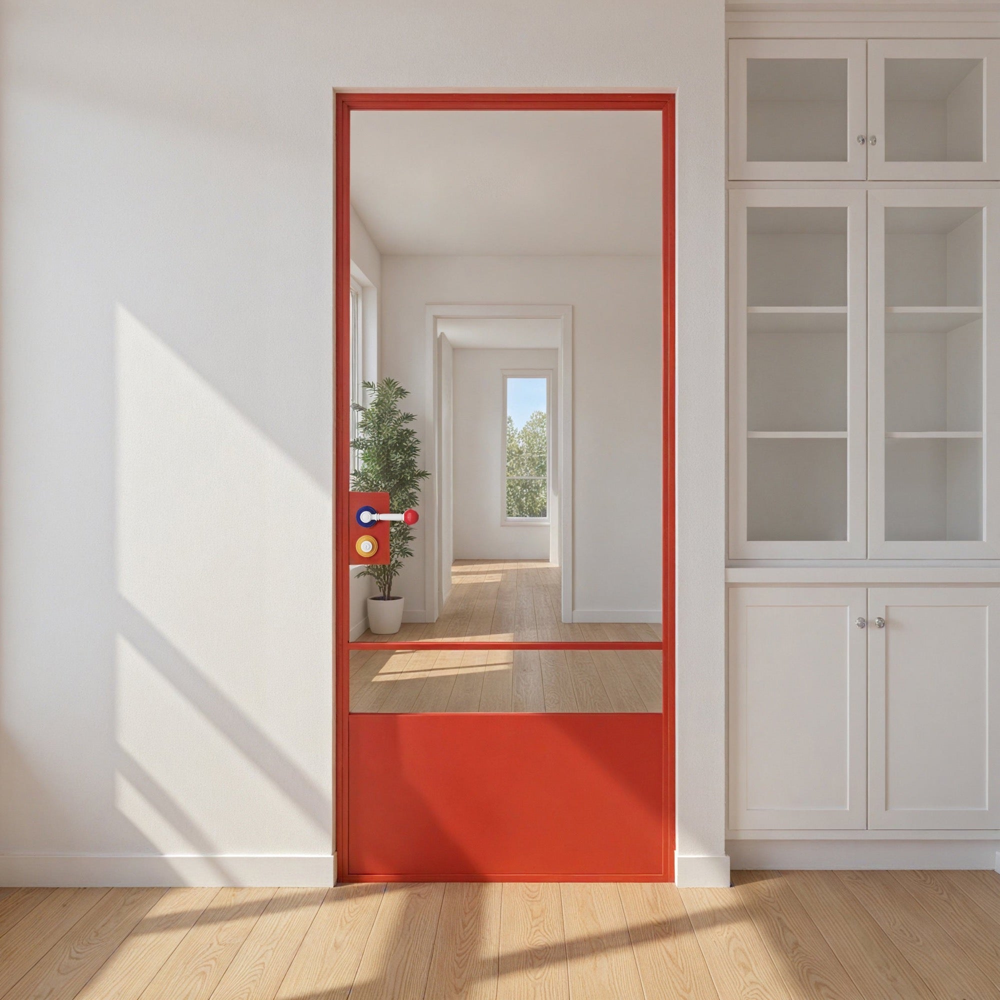 Red Minimalist Clear Glass Door with Color-Block Handle
