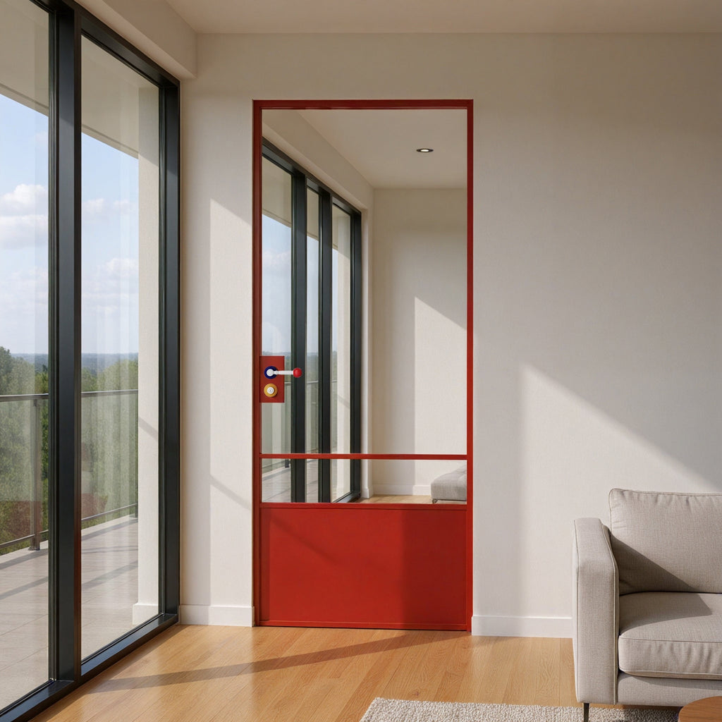 Red Minimalist Clear Glass Door with Color-Block Handle
