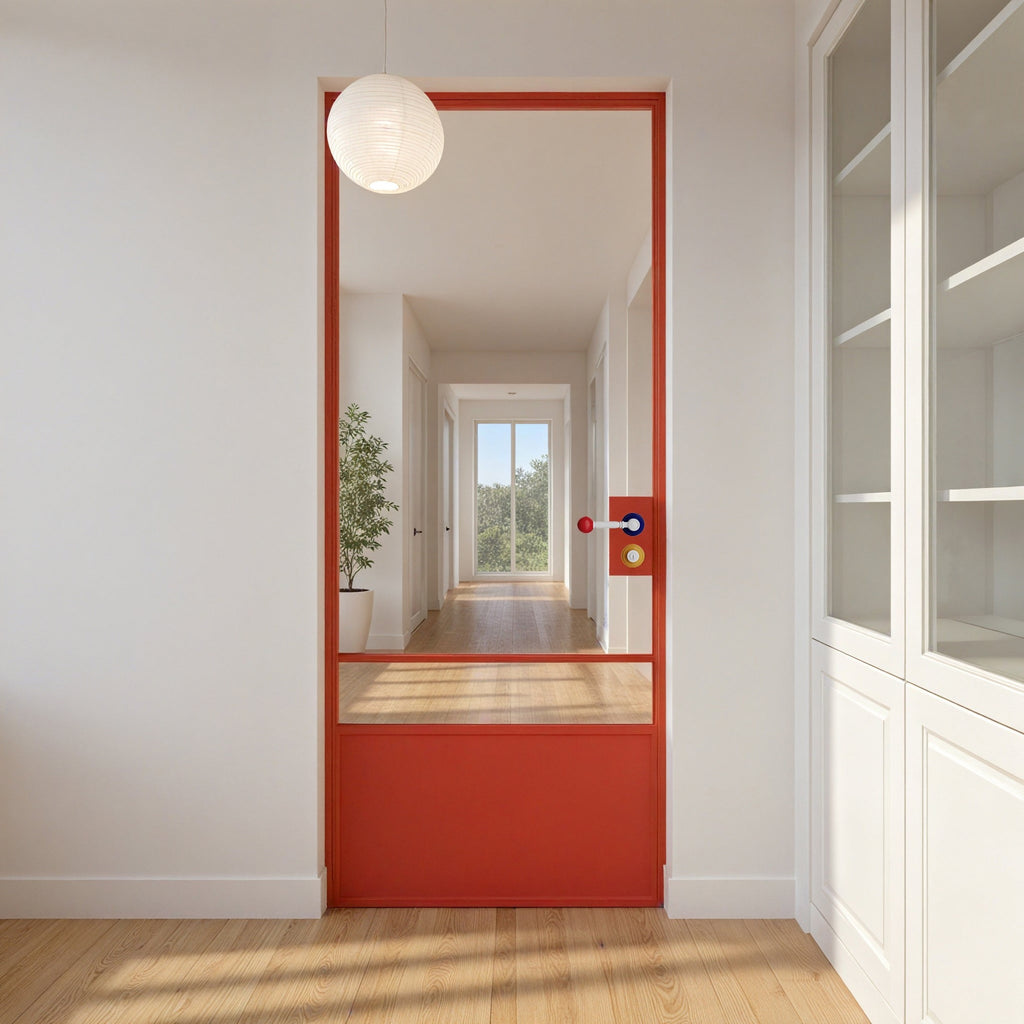 Red Minimalist Clear Glass Door with Color-Block Handle