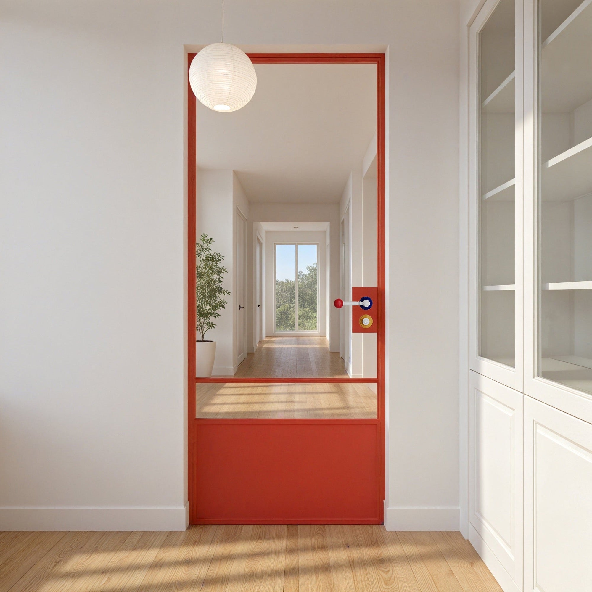 Red Minimalist Clear Glass Door with Color-Block Handle