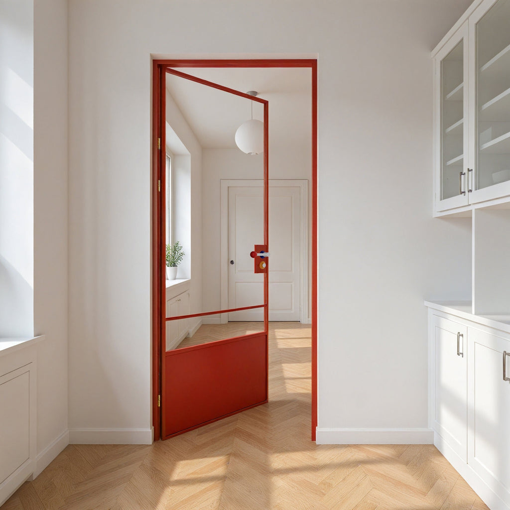 Red Minimalist Clear Glass Door with Color-Block Handle
