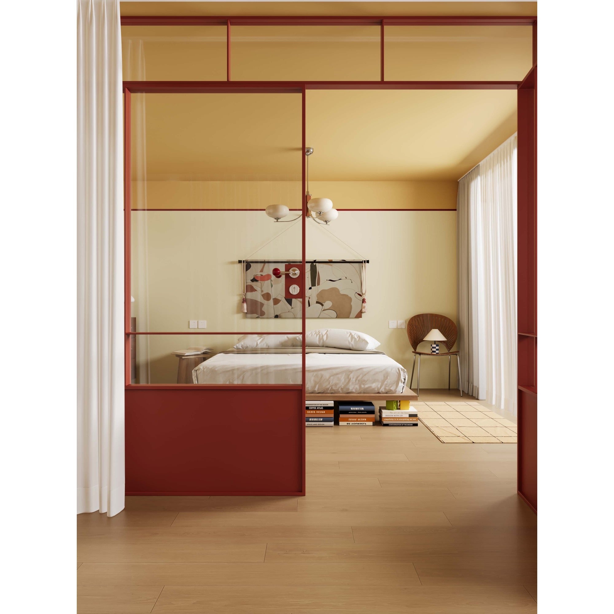 Red Minimalist Clear Glass Door with Color-Block Handle