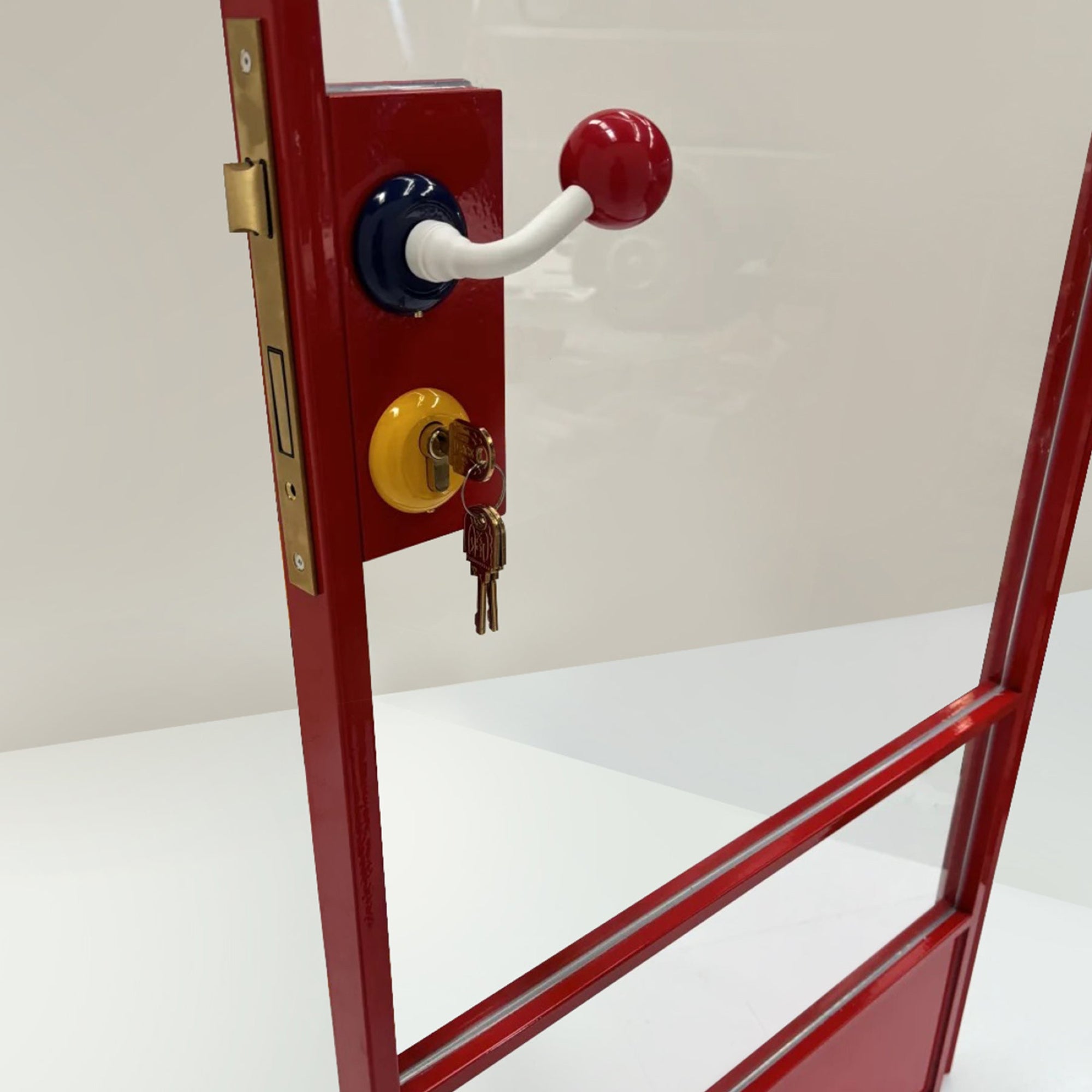 Red Minimalist Clear Glass Door with Color-Block Handle