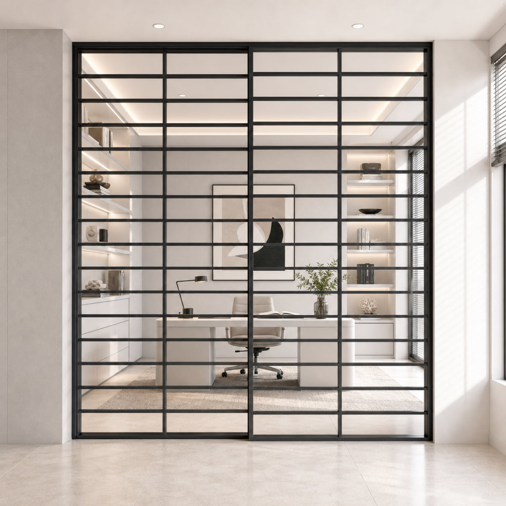 Black Horizontal-Grid Glass Sliding Room Divider