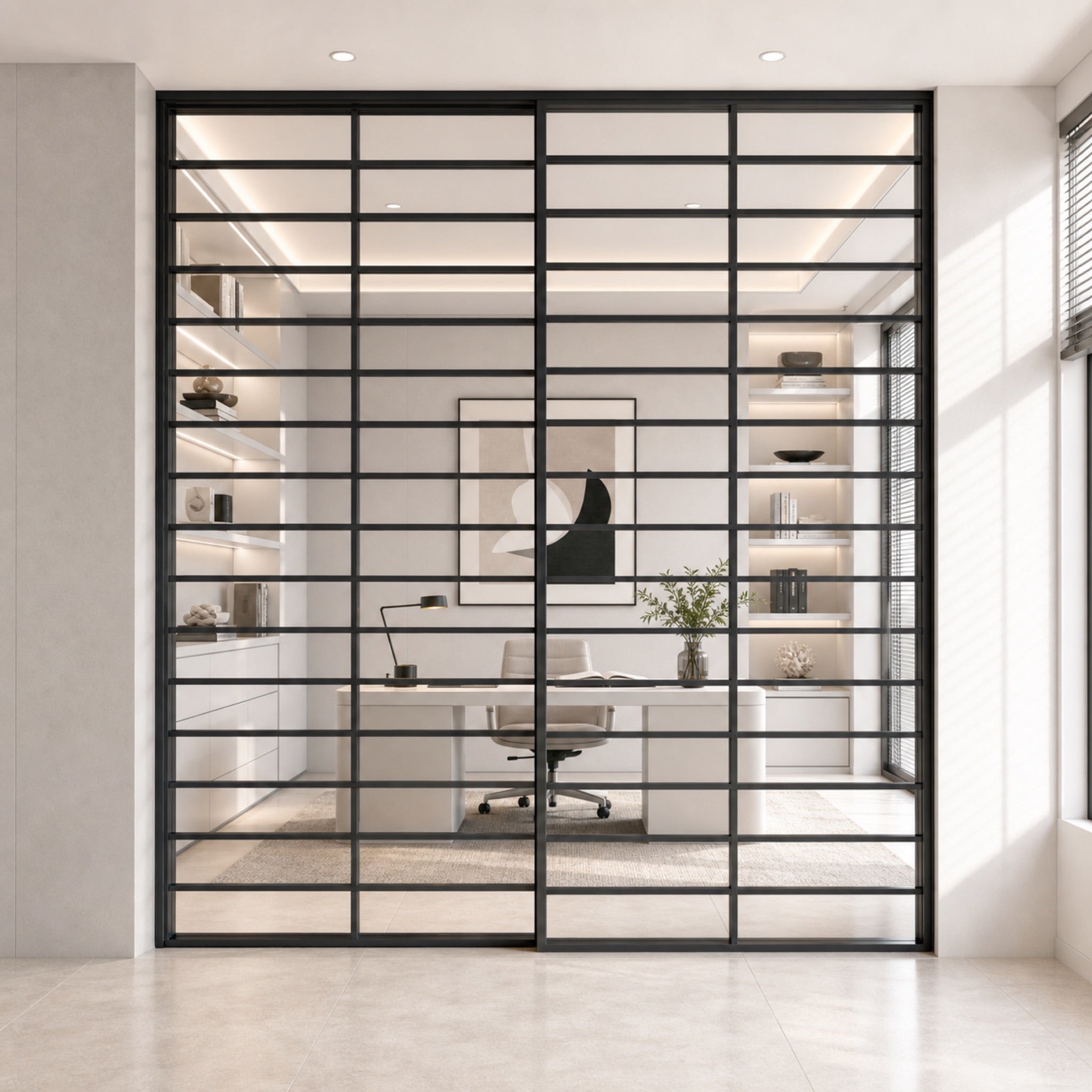 Black Horizontal-Grid Glass Sliding Room Divider