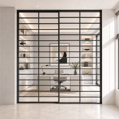 Black Horizontal-Grid Glass Sliding Room Divider