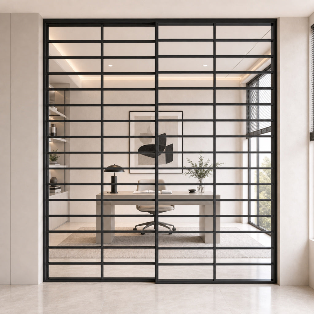 Black Horizontal-Grid Glass Sliding Room Divider