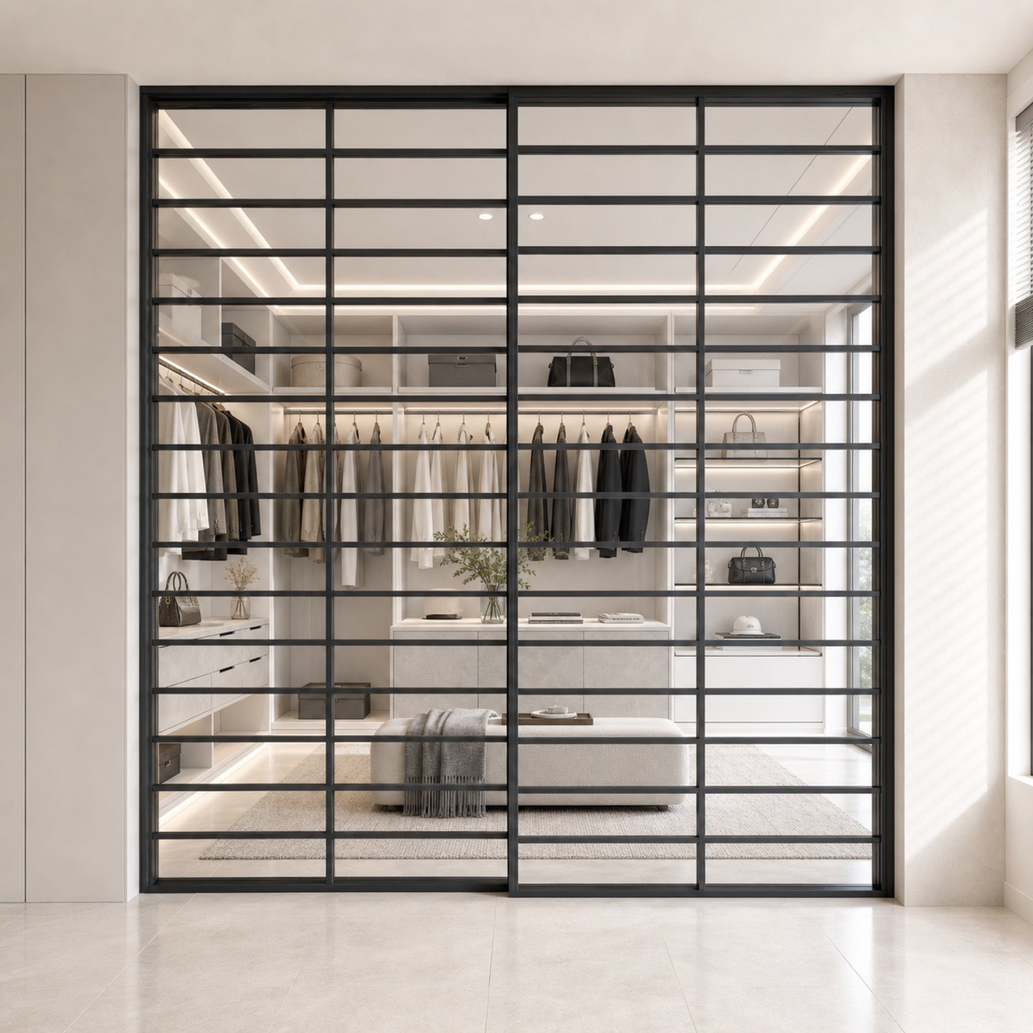 Black Horizontal-Grid Glass Sliding Room Divider