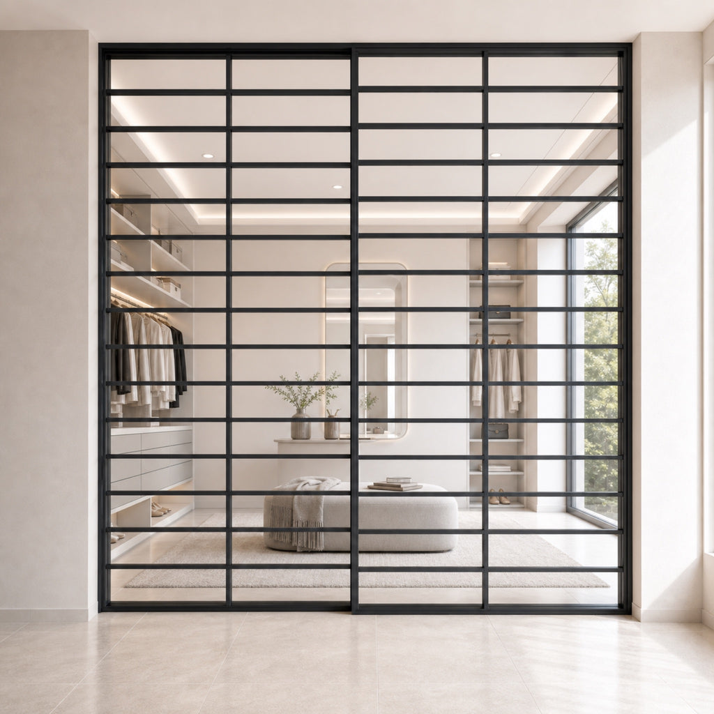 Black Horizontal-Grid Glass Sliding Room Divider