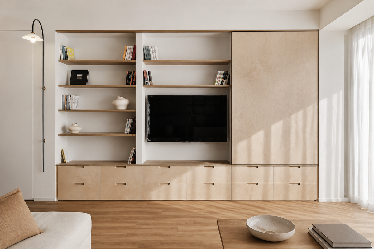 Custom Birch Veneer Wall Storage System with Sliding Panel & Drawers