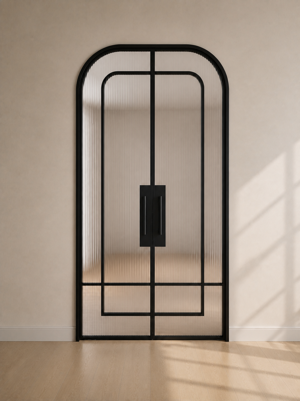 Black Layered-Arch Reeded Glass Double Door