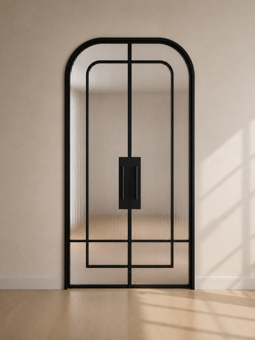 Black Layered-Arch Reeded Glass Double Door