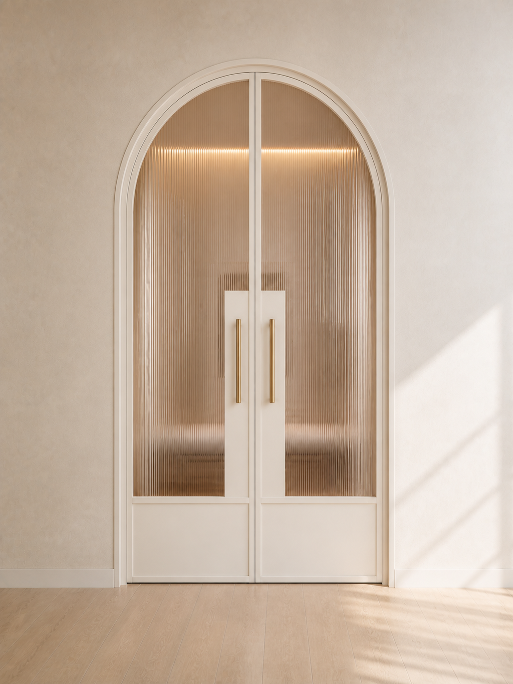White Arched Reeded Glass Double Door with Solid Lower Panels