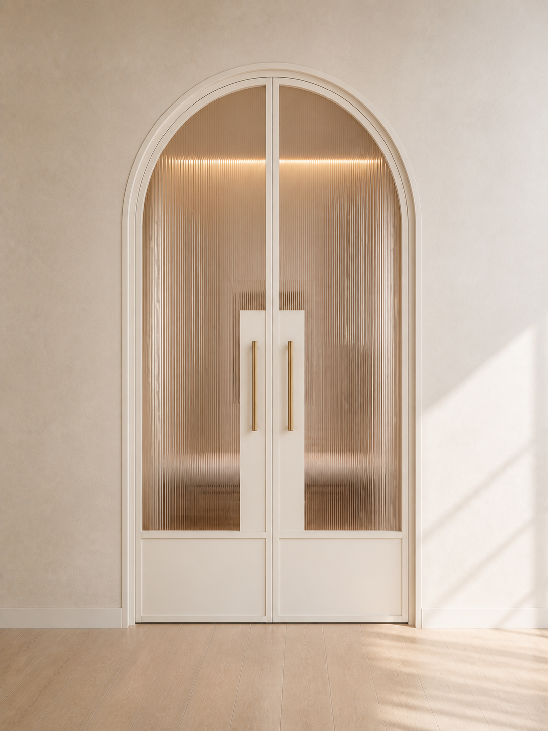 White Arched Reeded Glass Double Door with Solid Lower Panels