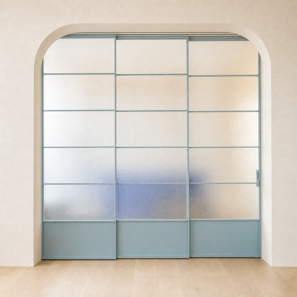 Blue-Gray 3-Panel Textured Glass Sliding Door