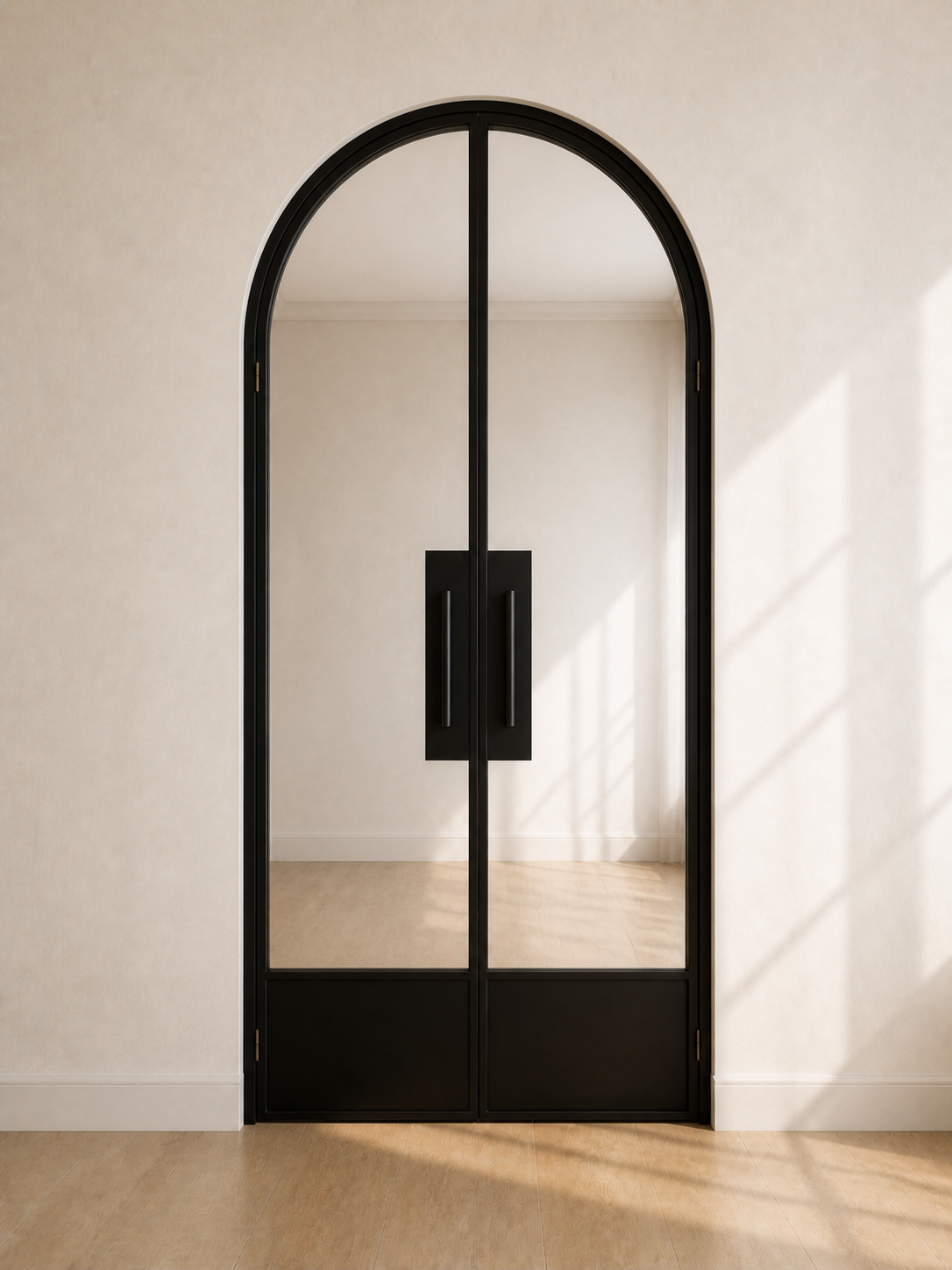 Black Arched Clear Glass Double Door with Solid Lower Panels