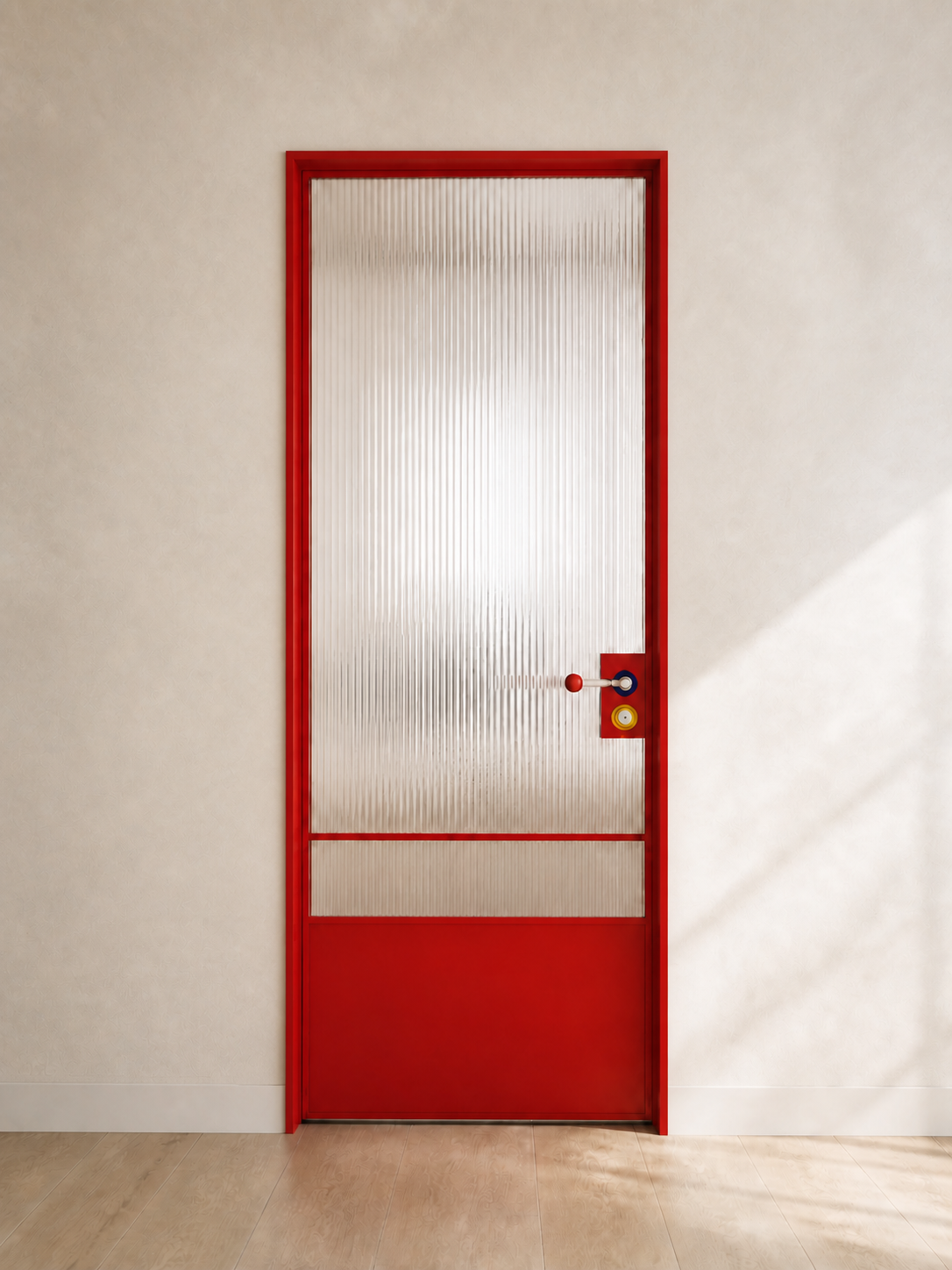 Red-Framed Clear Glass Hinged Door