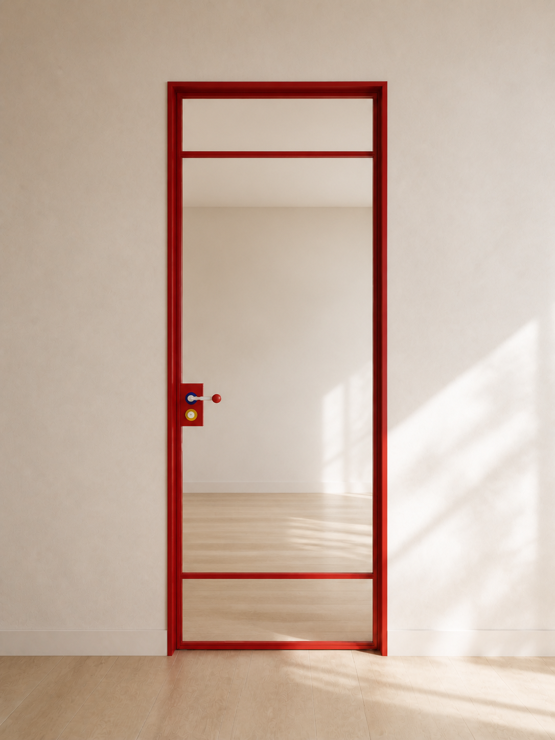 Red Minimalist Full-Glass Interior Door with Transom