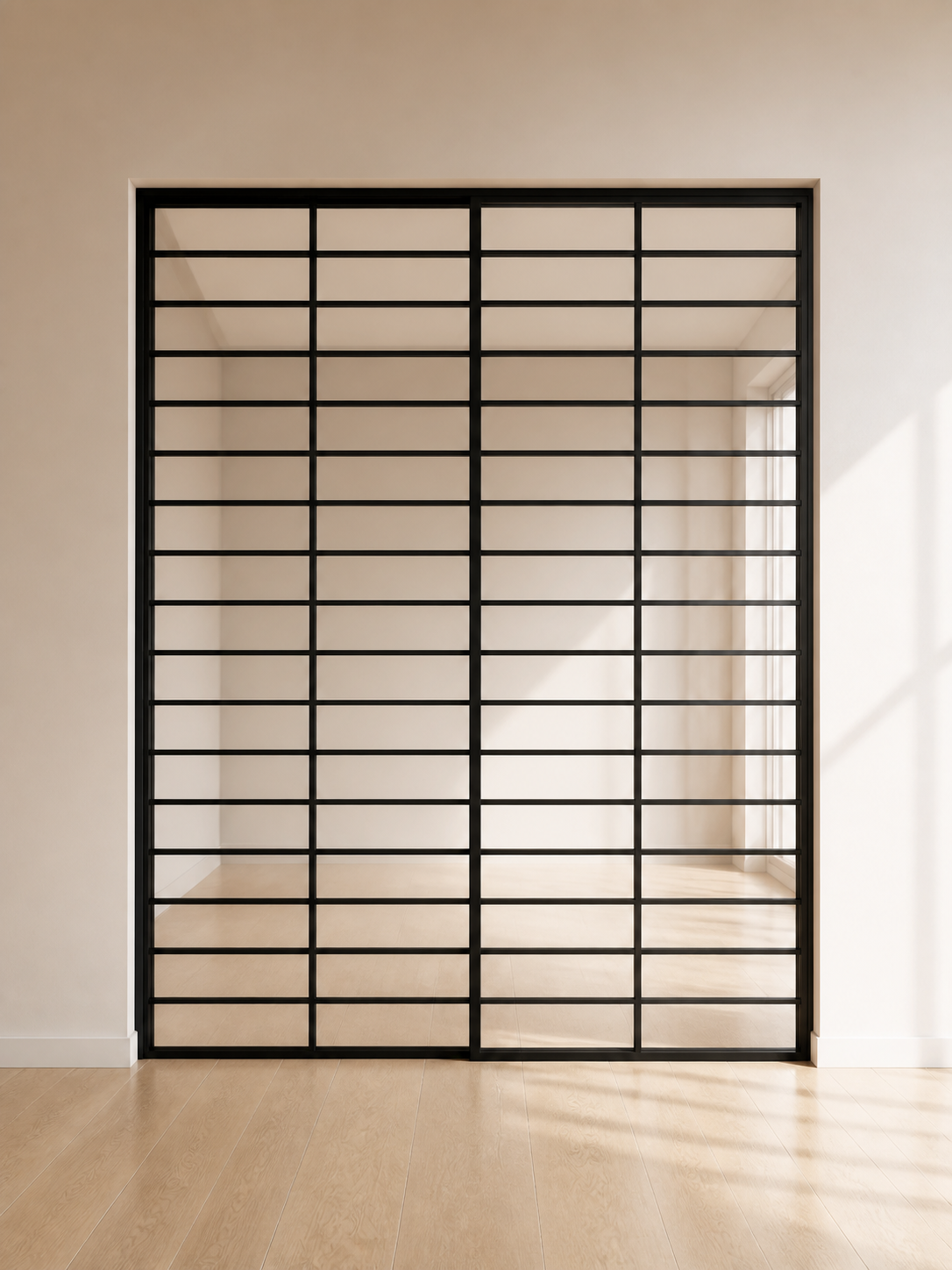 Black Horizontal-Grid Glass Sliding Room Divider