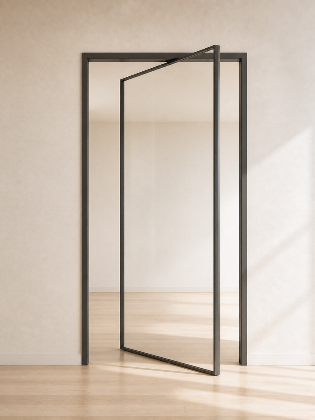 Minimalist Clear Glass Pivot Door | Graphite Aluminum Frame