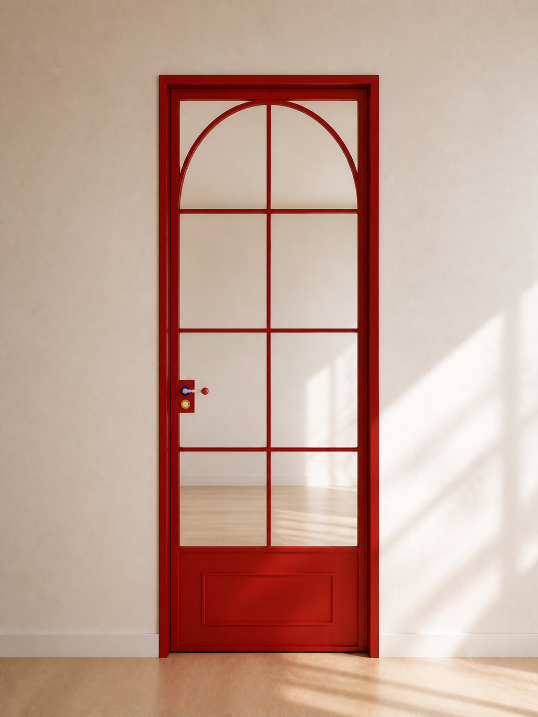 Red Arched Grid Glass Interior Door with Lower Panel