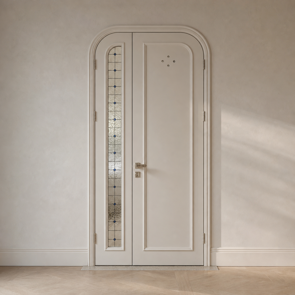 Arched Lacquered French Door with Lead Glass Sidelight