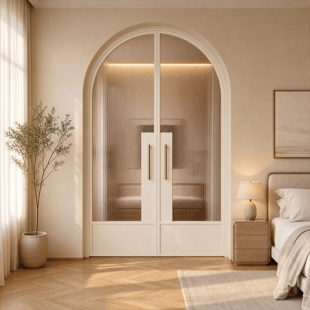 White Arched Reeded Glass Double Door with Solid Lower Panels