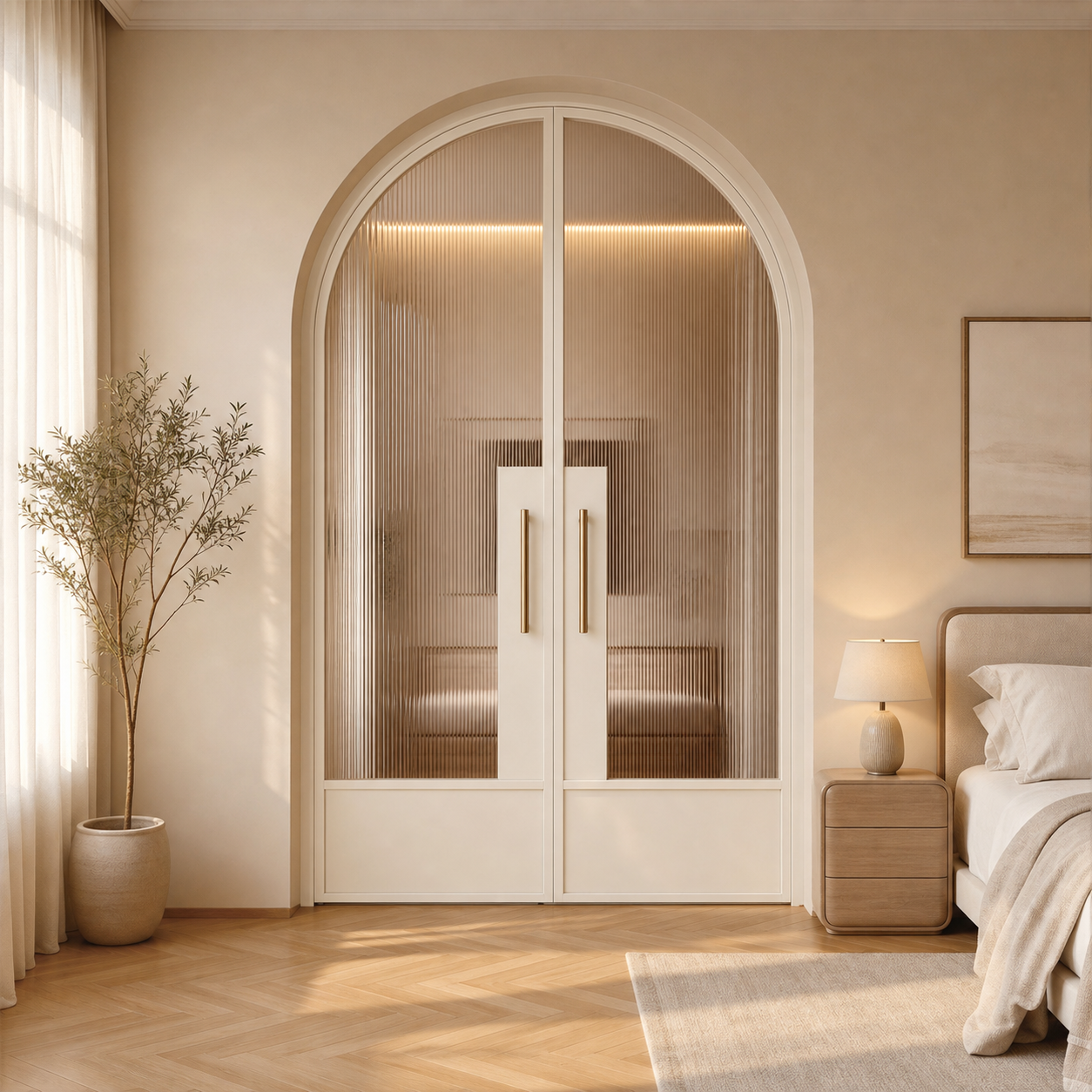 White Arched Reeded Glass Double Door with Solid Lower Panels