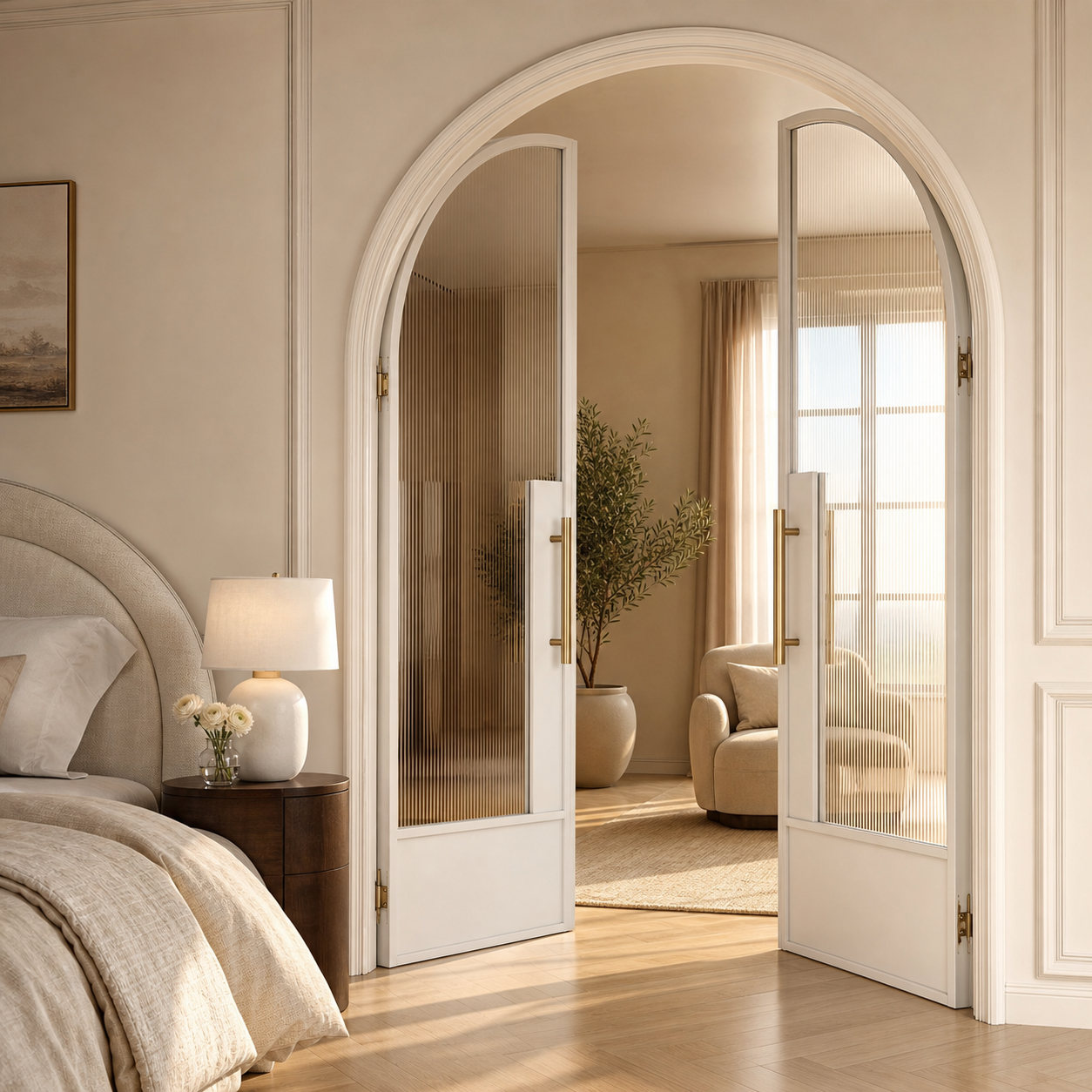 White Arched Reeded Glass Double Door with Solid Lower Panels