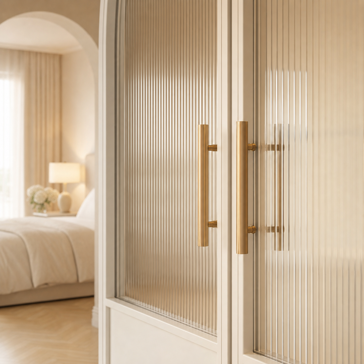 White Arched Reeded Glass Double Door with Solid Lower Panels