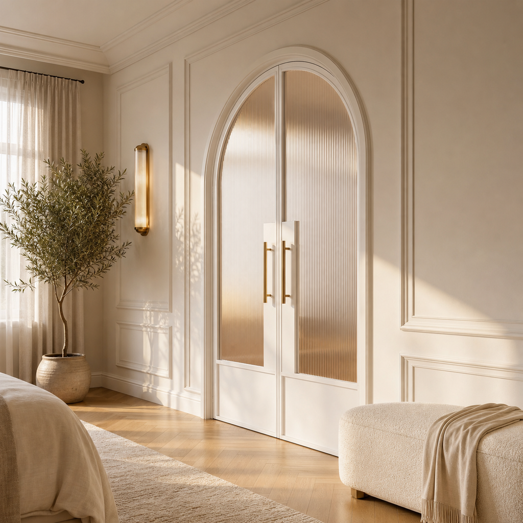 White Arched Reeded Glass Double Door with Solid Lower Panels