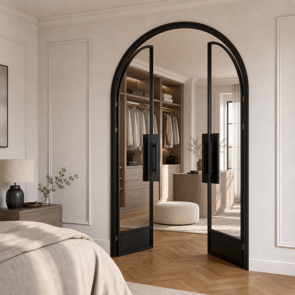 Black Arched Clear Glass Double Door with Solid Lower Panels