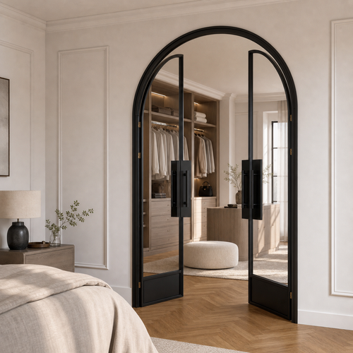 Black Arched Clear Glass Double Door with Solid Lower Panels
