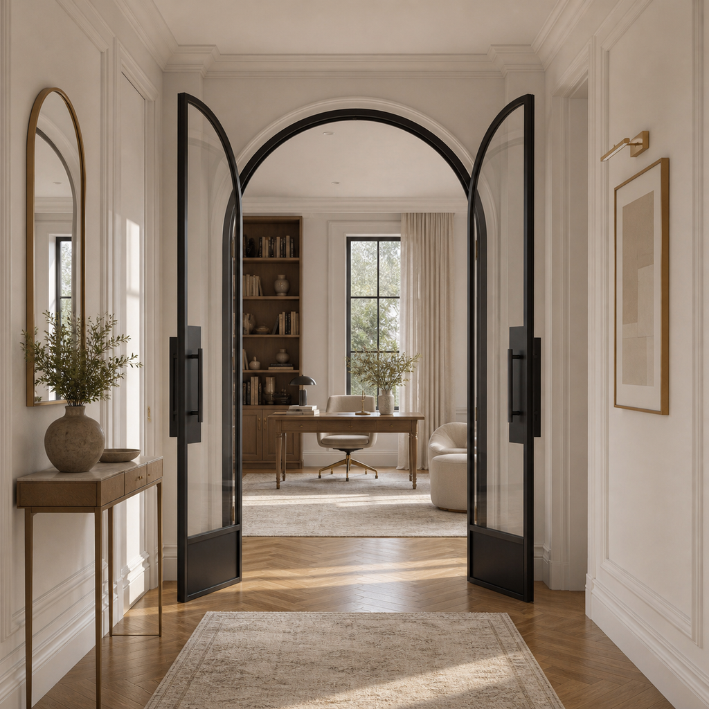 Black Arched Clear Glass Double Door with Solid Lower Panels