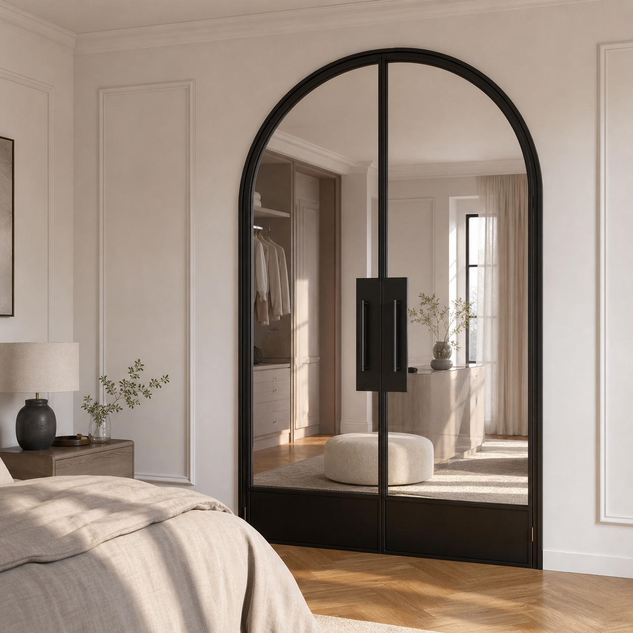 Black Arched Clear Glass Double Door with Solid Lower Panels