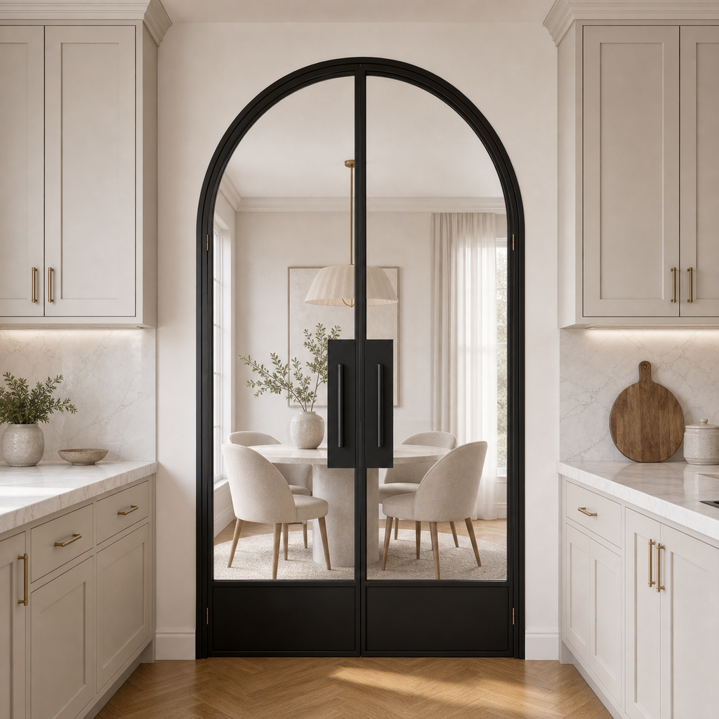 Black Arched Clear Glass Double Door with Solid Lower Panels